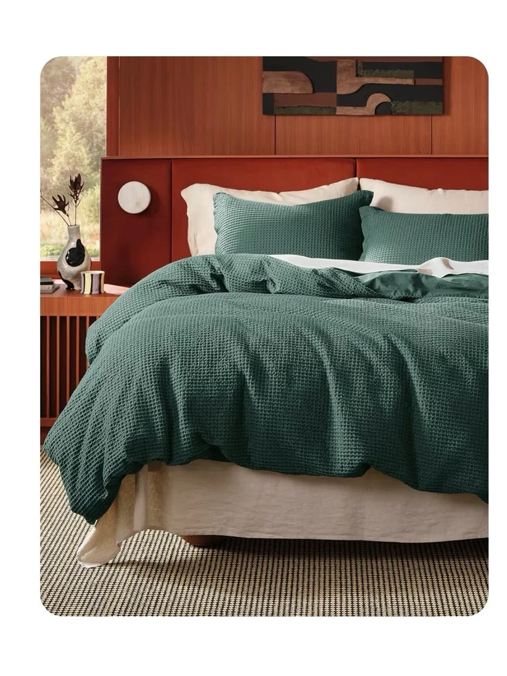 Textured Forest Green Waffle Duvet Cover Set